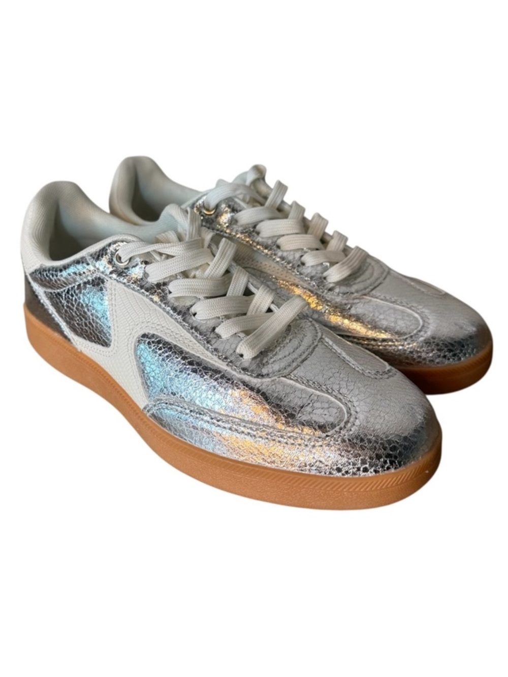 NICOLE MILLER New Silver Breanne Stadium Sneakers White Accent Gum Rubber Sole 8